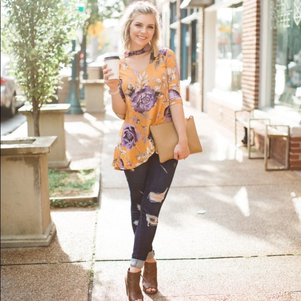 Mustard + Purple Top with Floral Design